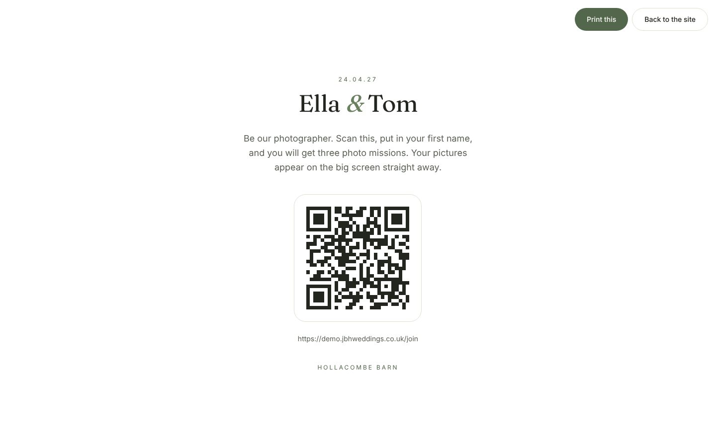Ella & Tom Wedding Demo: Printable QR code