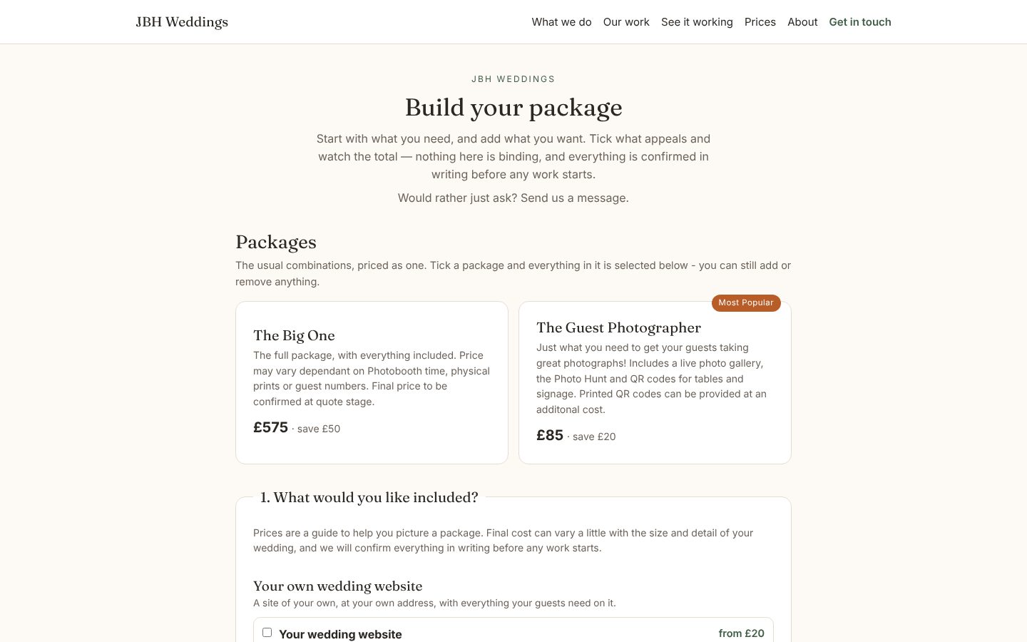 JBH Weddings Platform: Build your package