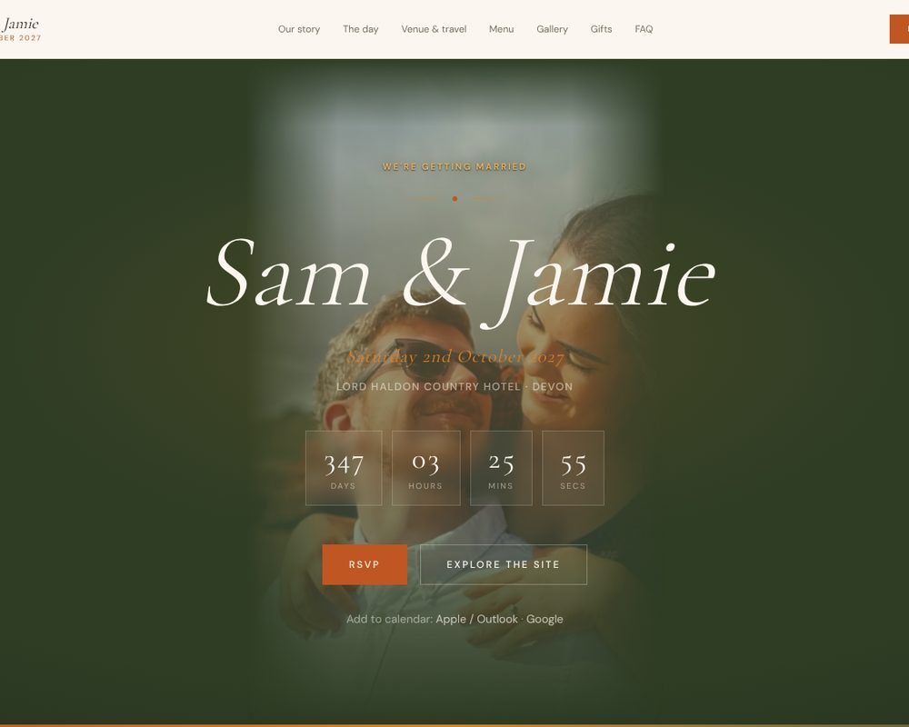 Homepage of the Sam & Jamie wedding website