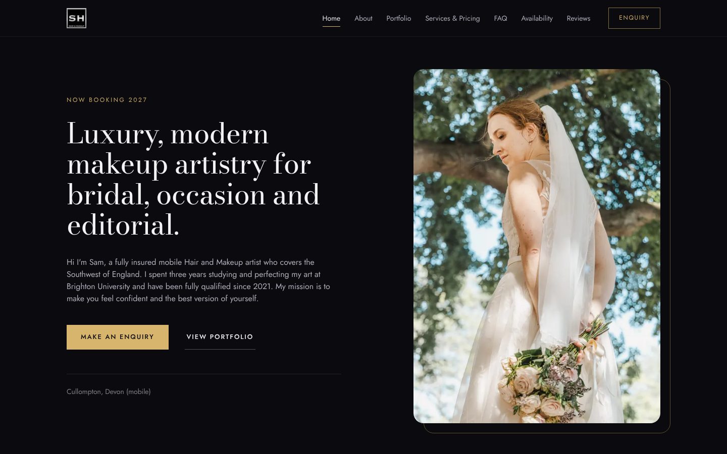 Homepage of the Samantha Hall Hair & Makeup website